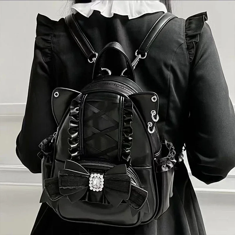 Novo japonês lolita mochila bonito laço orelha de gato couro do plutônio mochila estudante viagem grande capacidade mochilas mujer mochila feminina