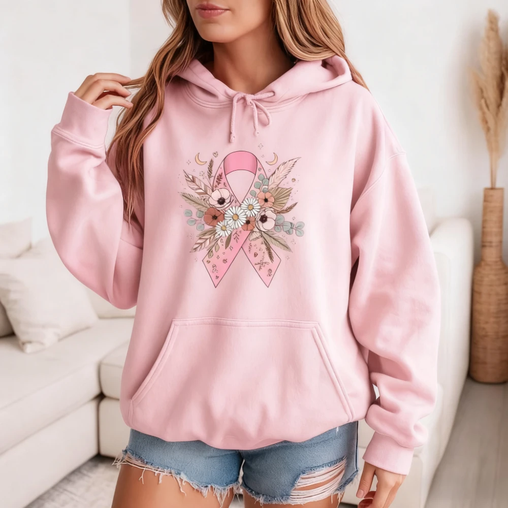 Breast Cancer Awareness Hoodies Pink Ribbon Graphic Tops Support Hope Love Strength Clothing Inspirational Outfit Women Apparel