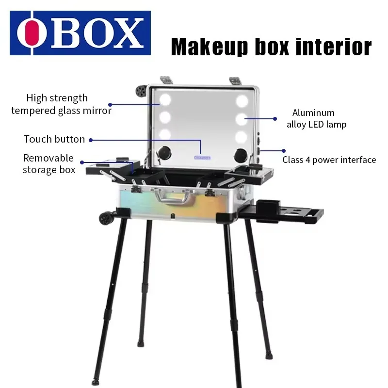 Makeup Trolley Case Tough Smart Cosmetic Box with Stand Smart Tough Screen Mirror Storage Luggage for Makeup Artist