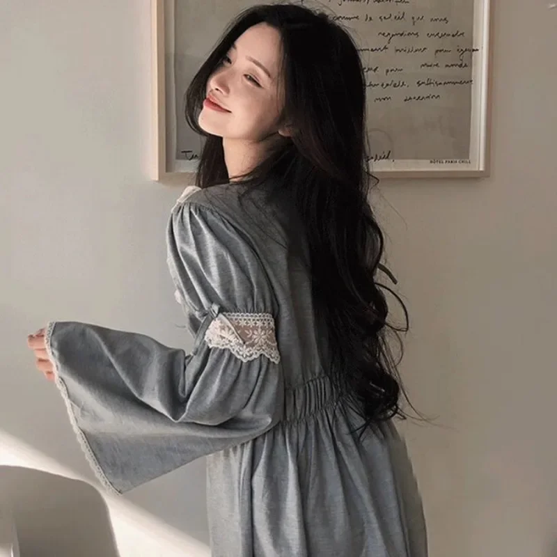 Lace Women Nightgown Korean Style Sleepwear Long Sleeve Night Dress Autumn One Piece Pajamas Solid Home Sleeping Wears New In