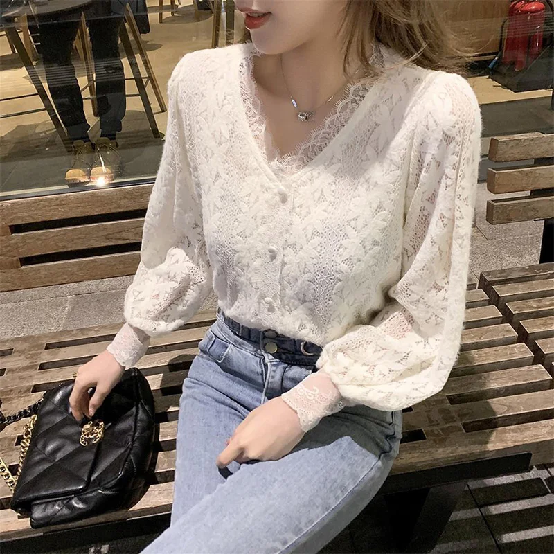 Spring Summer Elegant Fashion V-neck White Lace Shirt Female Long Sleeve Casual All-match Pullover Blouse Top Women \'s Clothing