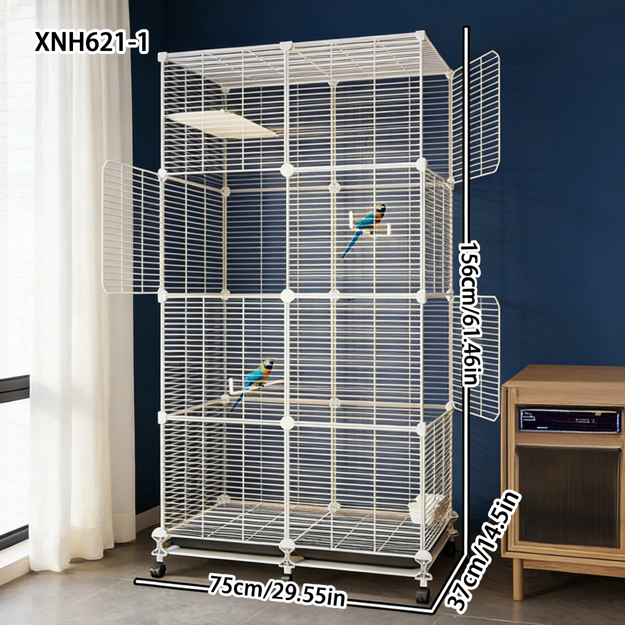 Jaula para Pájaros de Hierro Móvil Tipo Techo con Bandeja Extraíble para Fácil Limpieza, Jaula para Loros, Jaula Grande Tipo Villa para Mascotas