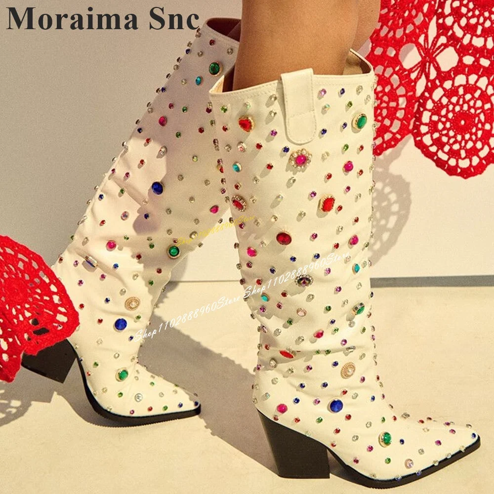 Knee High Big Size White Colorful Crystal Boots Thick Heel Shoes For Women Slip On Pointed Toe 2024 Fashion Zapatos Para Mujere