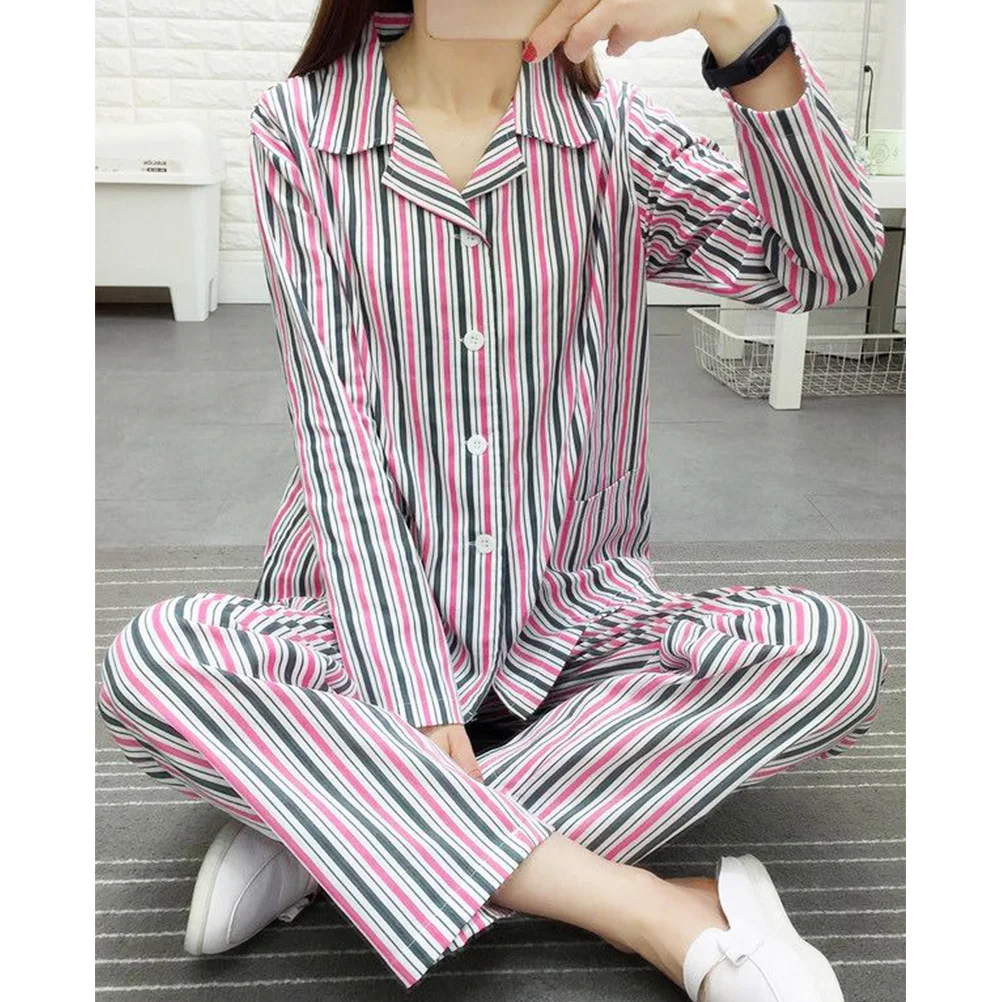 1 Set Pajamas Cotton Comfortable Long Sleeve Clothing for Bedridden Patients Hospital Home (Blue and White Stripe, Size M)