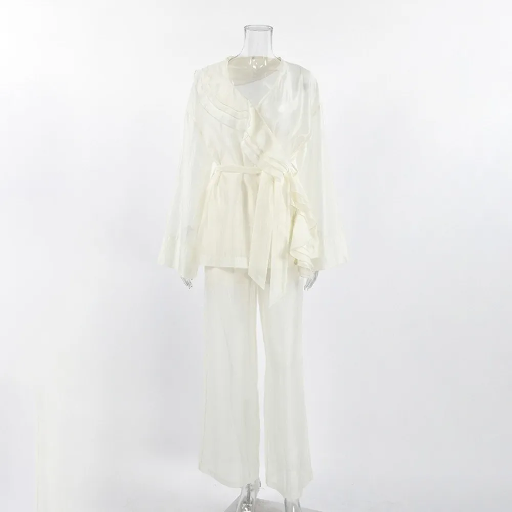 Soft Drape Tencel Women Two Piece Set Ruffle Trim Wrinkle Free Wrap Front Ruffle Top Relax Fit Lightweight Office Co Ord Suit