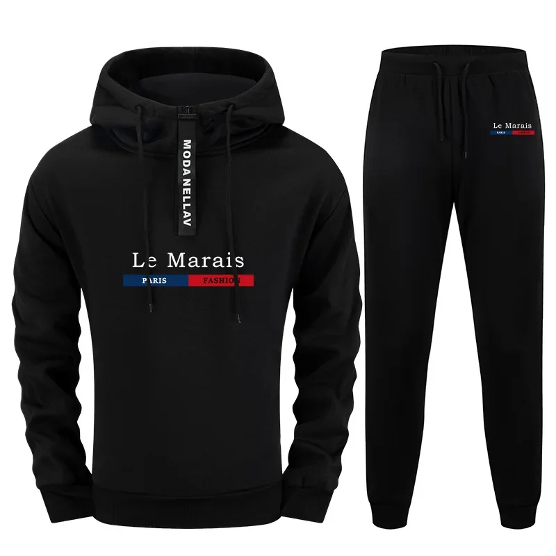 Autumn Winter Paris Fashion Mens 2 Piece Outfit Set 2026 New Half Zip Hoodie and Sweatpants Urban Streetwear Casual Tracksuit