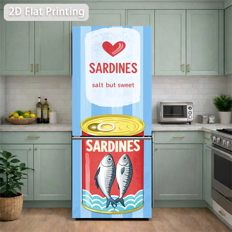 Printing Refrigerator Sticker 60×180cm Painted Sardine Can Theme Design Wall Decal Self-Adhesive Wallpaper, Suitable for Cabin
