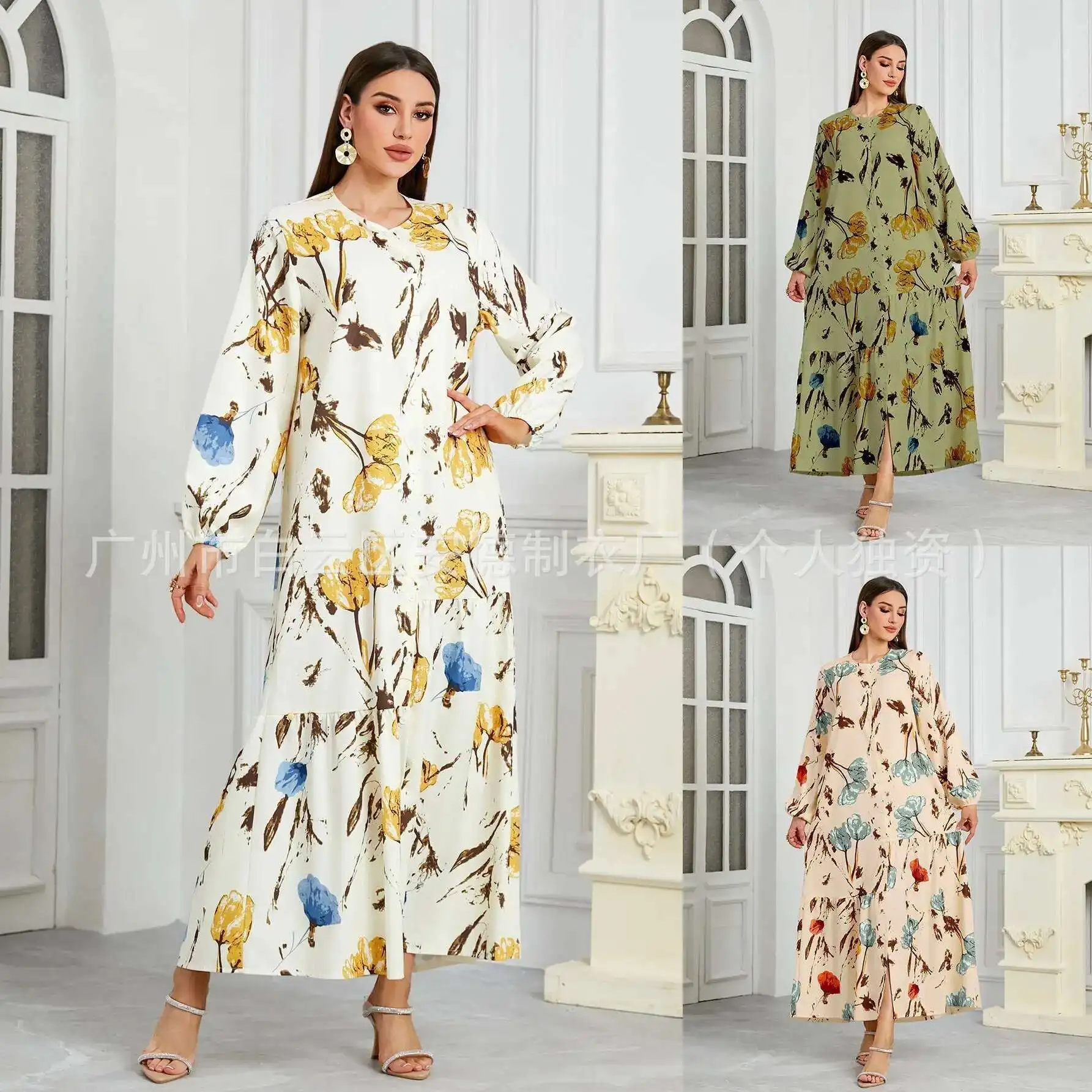 

Women's Printed Round Neck Loose Dress, Women's Long Robe, Malay Muslin Long Dress Robe Abaya Ramadan Dubai Luxury Islam Elegant