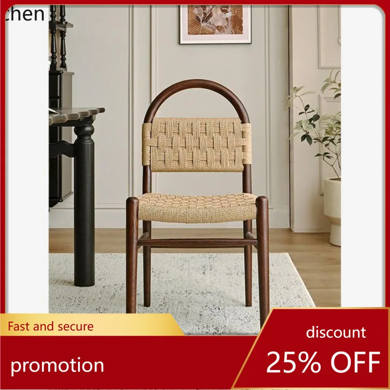 

CZ Vintage Dining Chair, Rope-Woven Solid Wood Chair, Retro Living Room Home Woven Backrest Leisure Makeup Chair