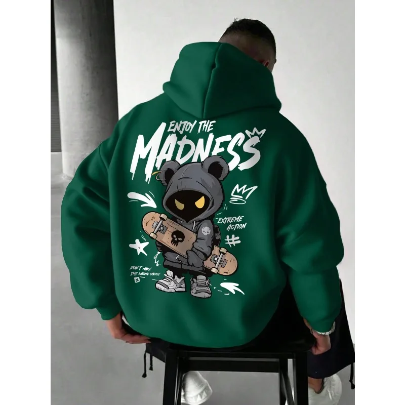 Men's Extreme Sports Cartoon 2D Print Hoodie, Loose-Fit Drawstring Pullover with Kangaroo Pocket for Autumn/Winter