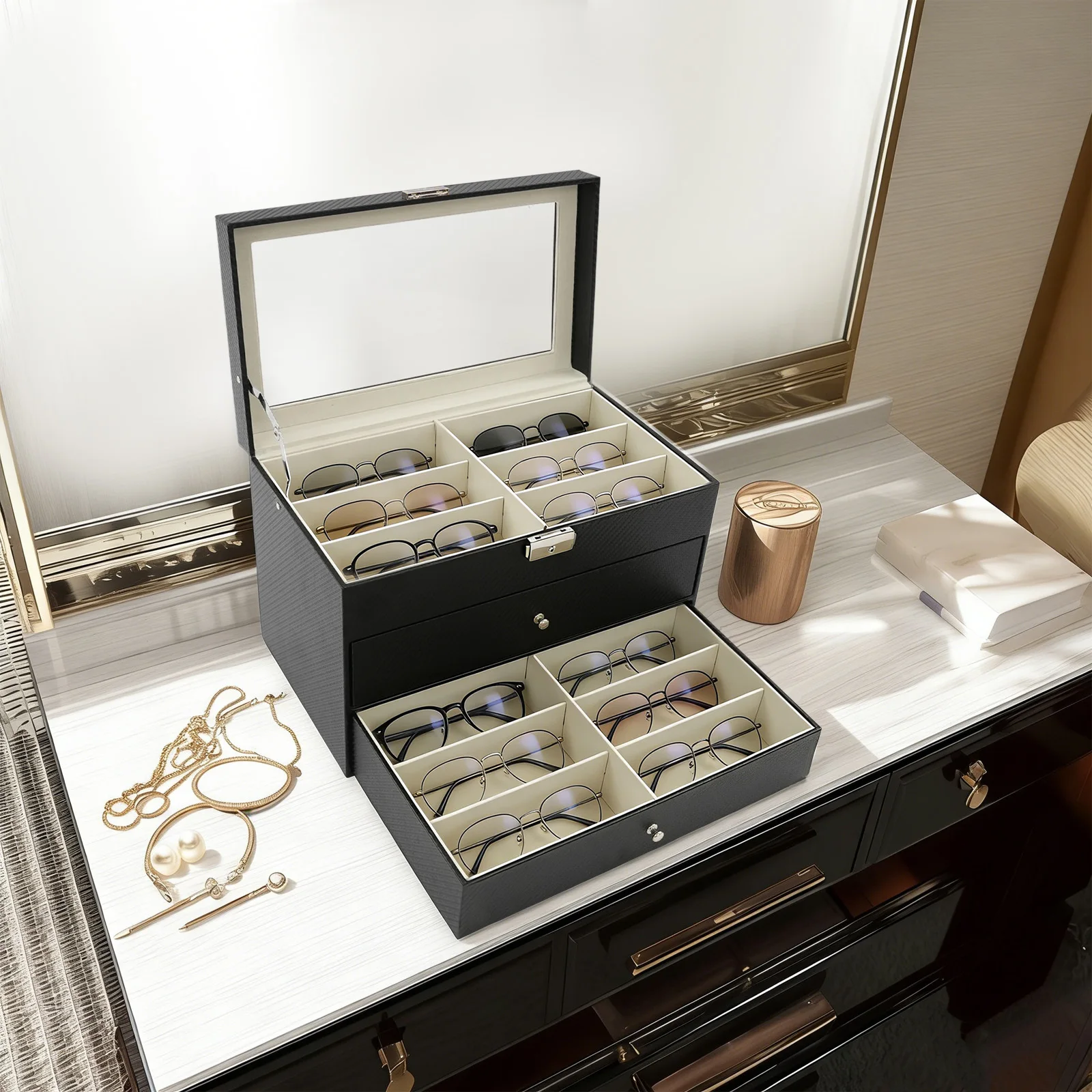 

Коробка для хранения очков, выдвижной ящик для демонстрации солнцезащитных очков, 3-уровневый органайзер для очков, легкий, 18 индивидуальных отделений