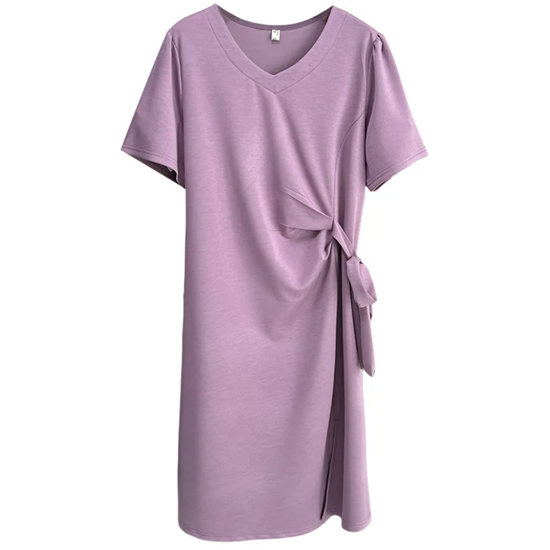 

2025 Plus Size Summer New 100kg Chubby Elegant mid-length Front Slit Fold Waist Short Sleeve Dress For Women 963