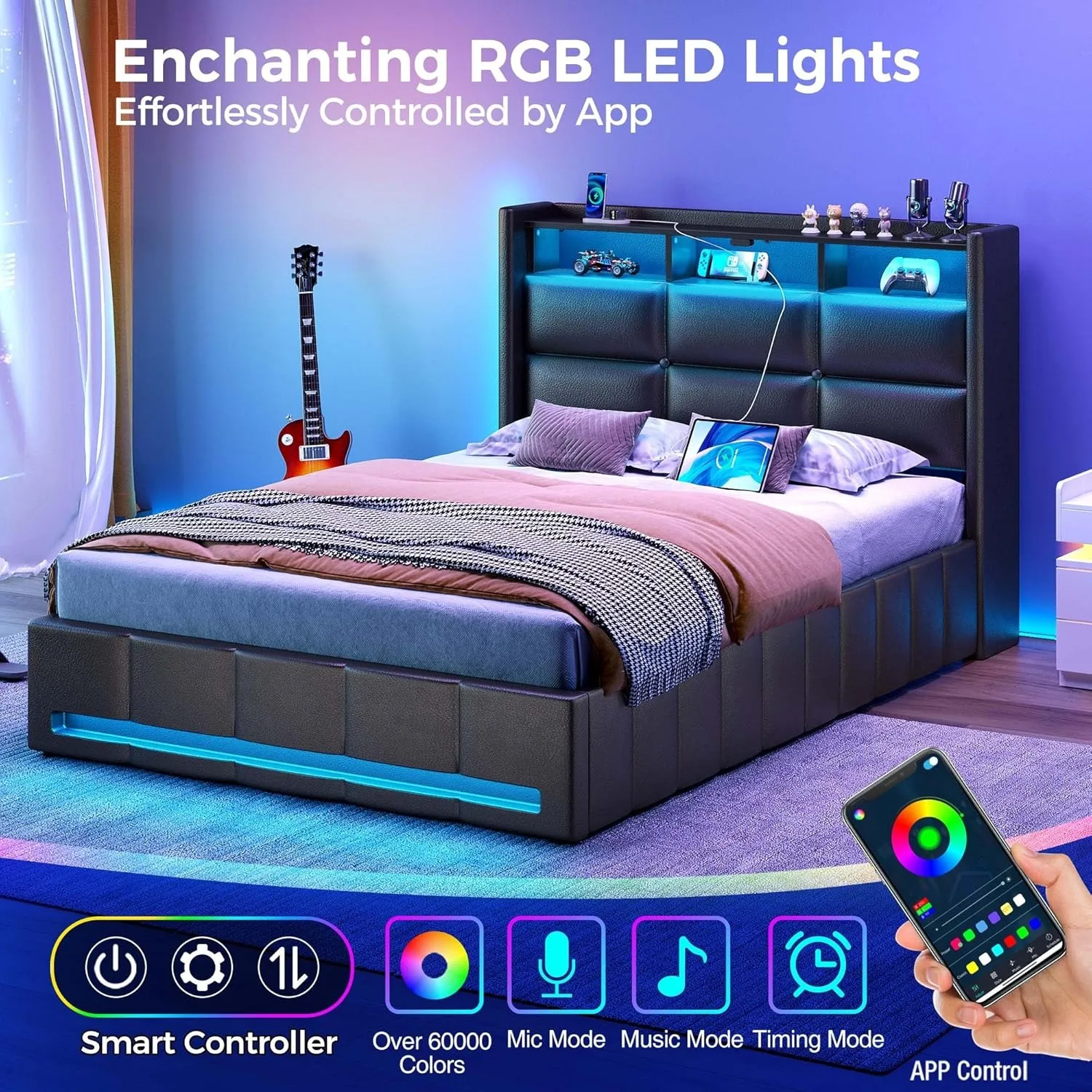 Bed Frame Twin Size with Lift Up Storage, Charging Station & LED Lights, Upholstered Storage Headboard, Heavy Duty Wooden Slats image 3