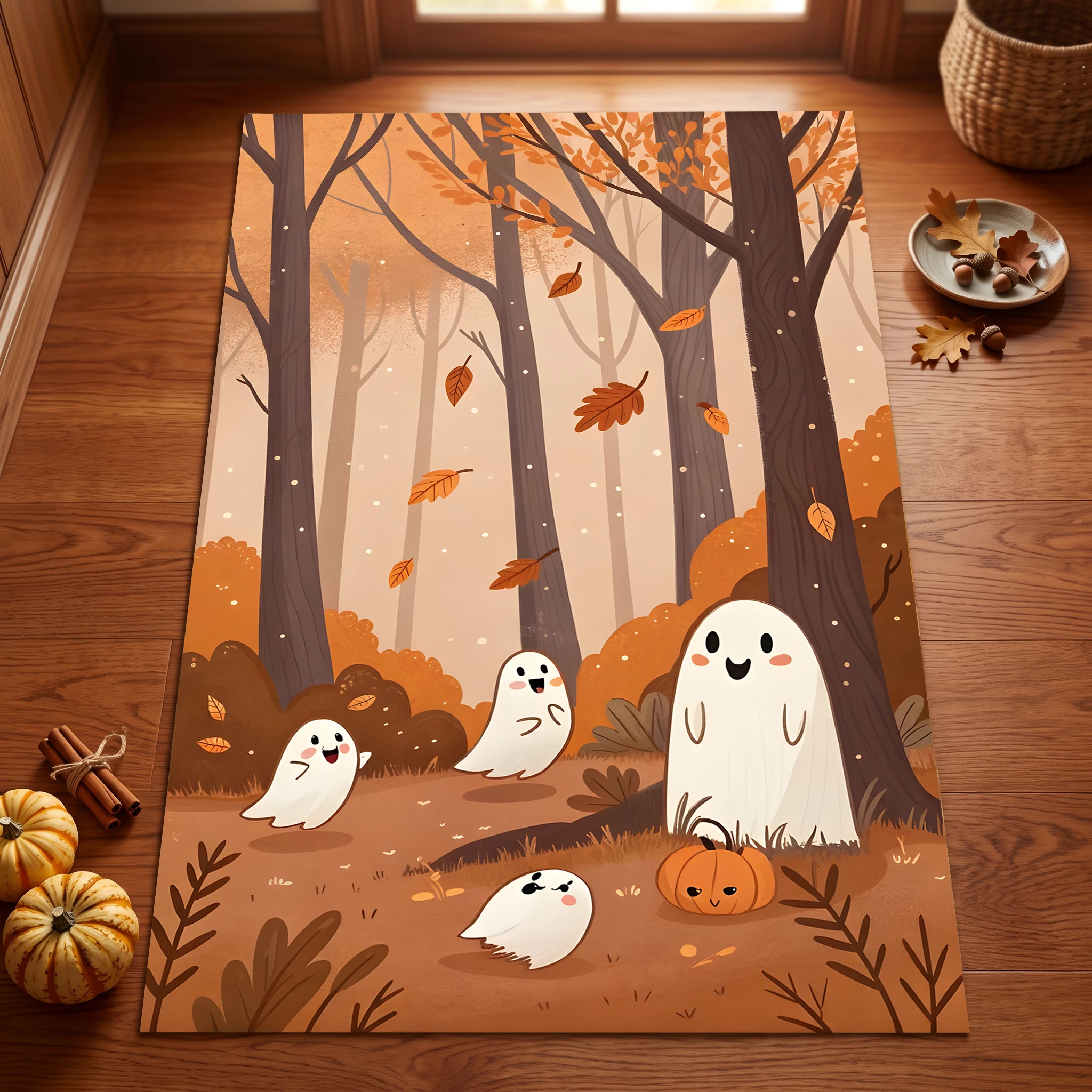 Cartoon Ghost Pumpkin Halloween Slogan Velvet Area Rug, for Entryway Living Room Bedroom, Autumn Winter