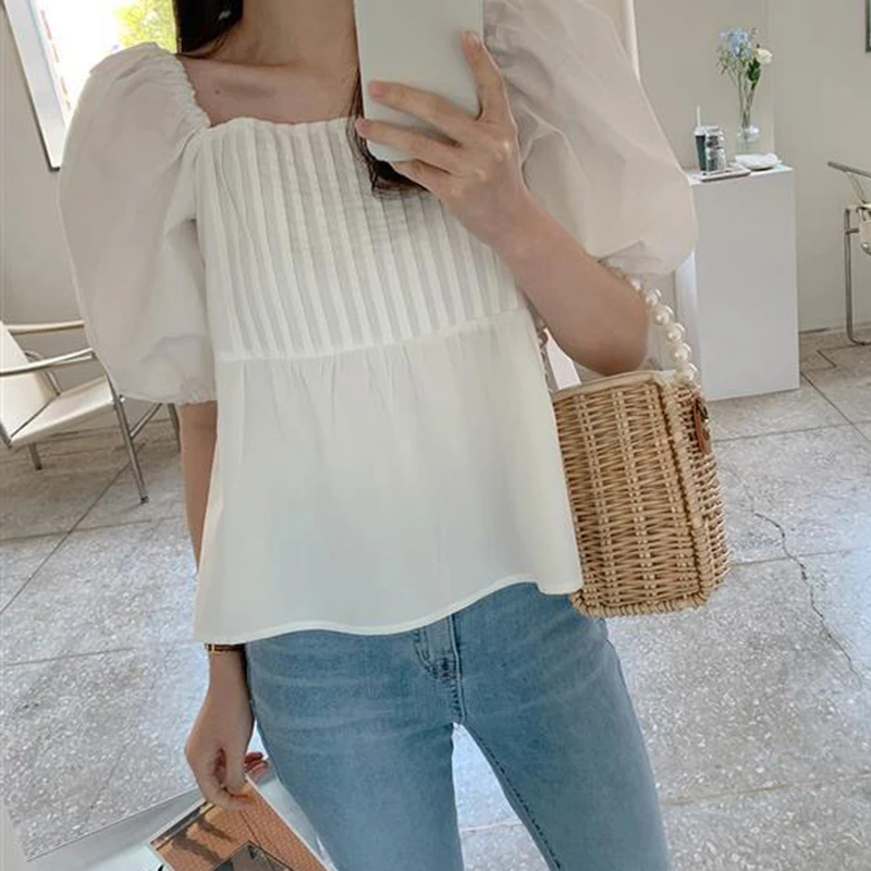 Biyaby Women\'s White Shirt Korean Style Loose Square Collar Puff Sleeve Blouse Female 2023 Summer Sweet Tunic Folds Shirts Woman