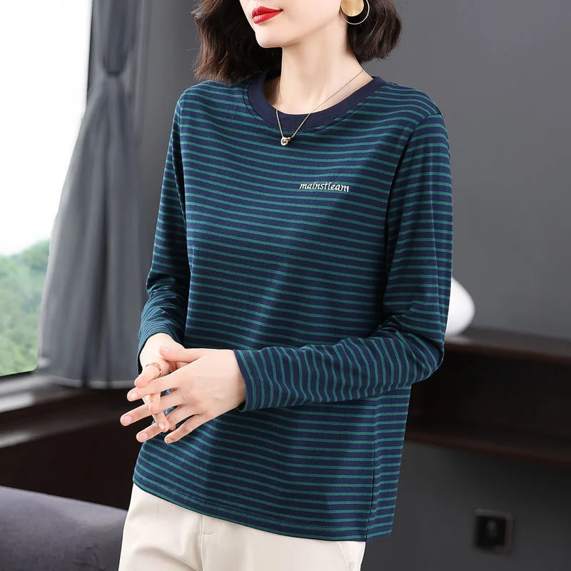 

Pure Cotton Striped T-shirt Top for Women Long-sleeved Loose New Style Inner Base Shirt