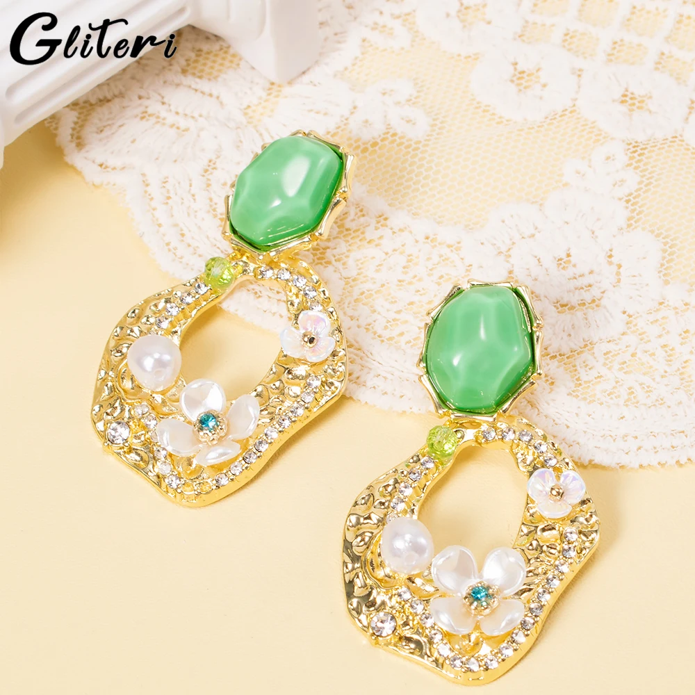 

GEITERI Trendy Irregularly Green Crystal Earrings For Women Girls Gold Color Geometric Pearl Flower Drop Earring Jewelry Gifts