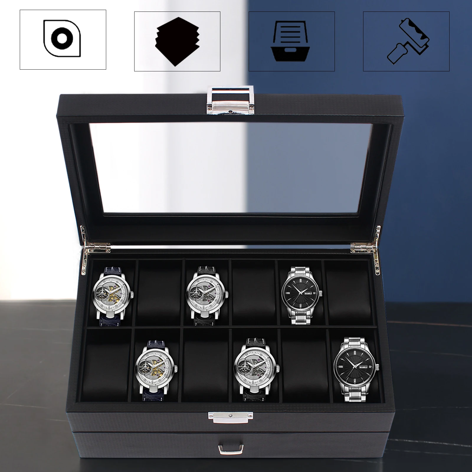 24 Slots Watch Box Display Case Organizer Jewelry Storage Box for Necklace Earring Bracelet with Drawer & Carbon Fiber Pillow