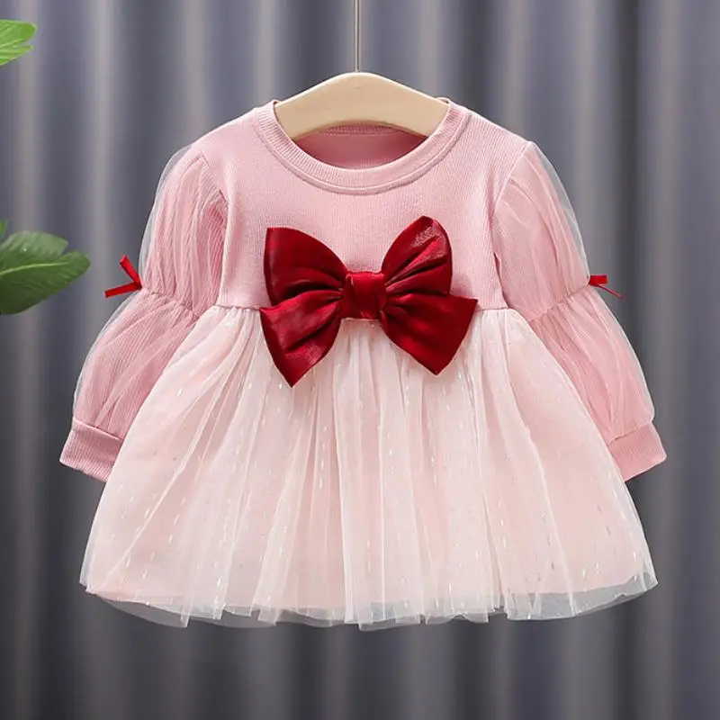 2024 New Children\'s Spring and Autumn Dress Girl Baby Bow knot Mesh Dress Infant Long sleeved Birthday Princess Dress 0-4Y