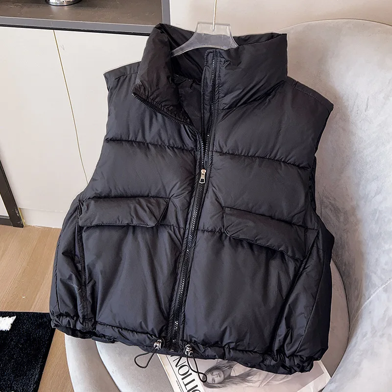 Women Korean Solid Stand Collar Padded Vest Autumn Winter Loose Short Warm Sleeveless Waistcoat Outerwear