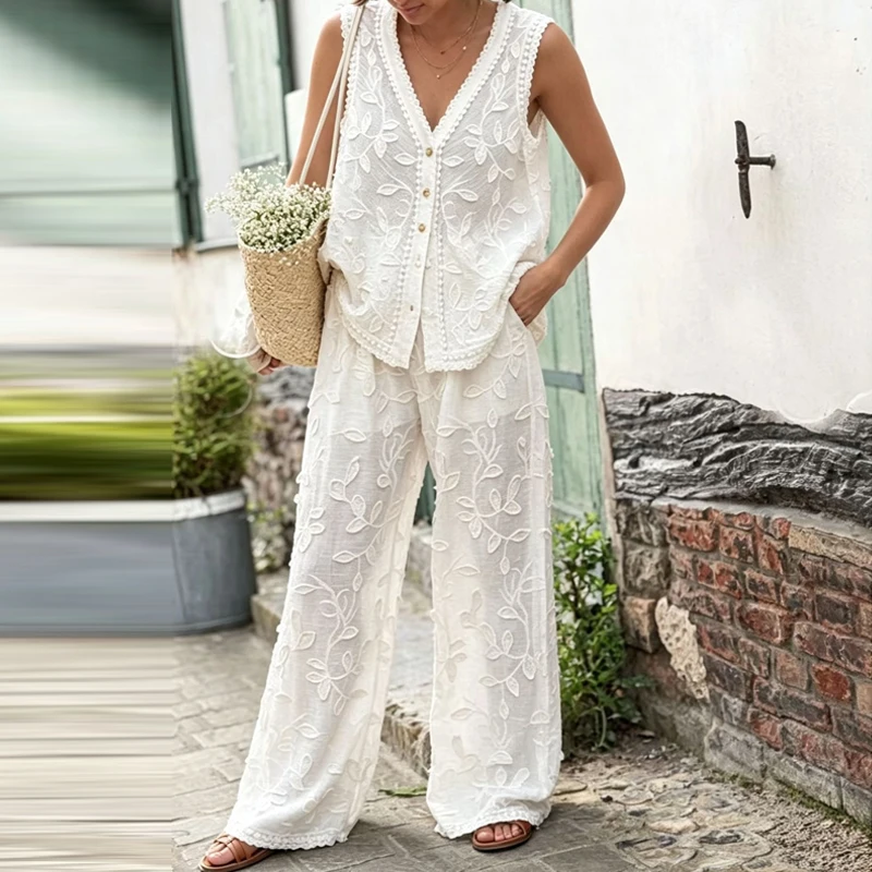 Fashion Solid Sleeveless Vacation Outfit Elegant V-Neck Embroidered Vest+Pants 2pc Set Casual Single Breasted Loose Fitting Suit