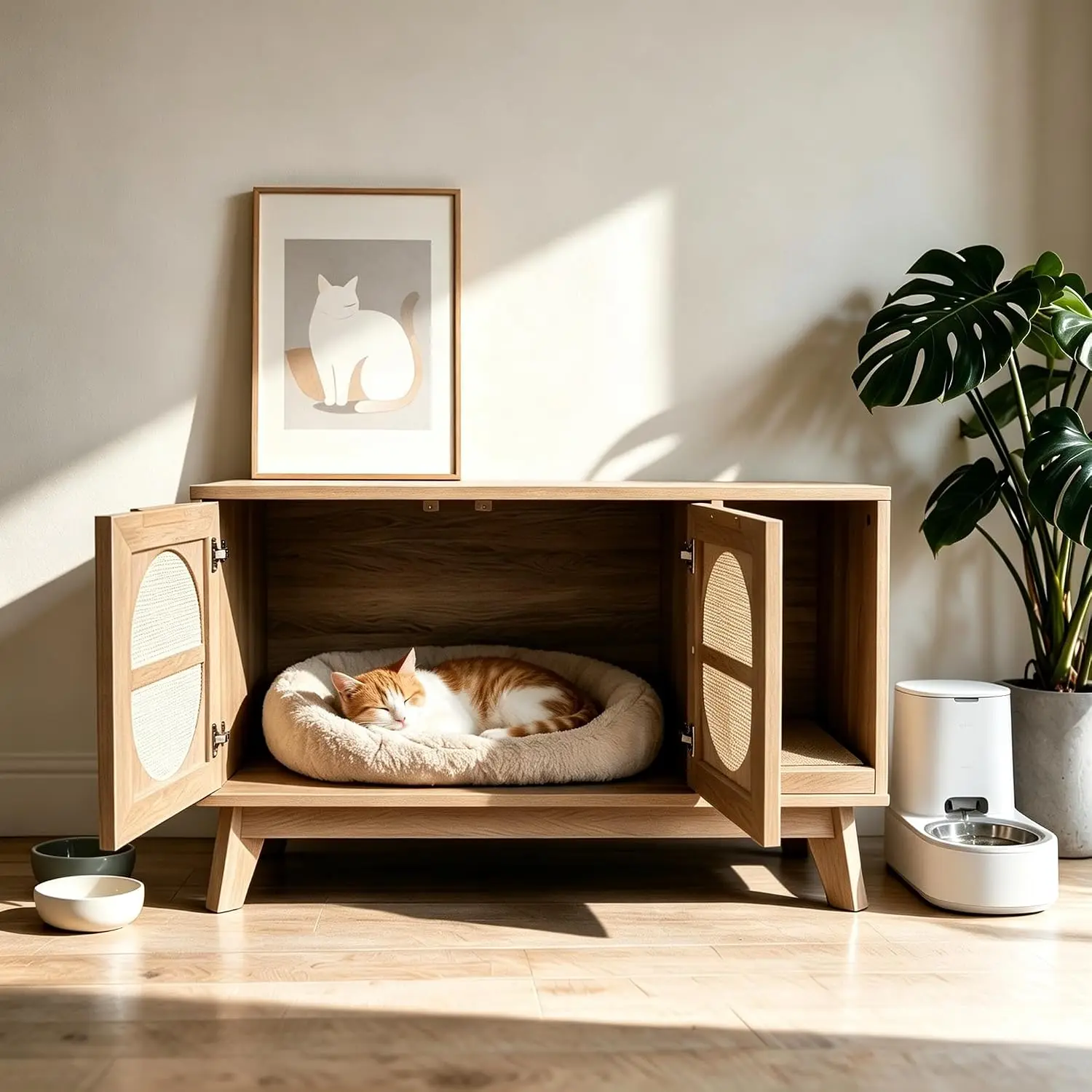 Cat Litter Box Enclosure, Natural, Modern Rattan Cabinet