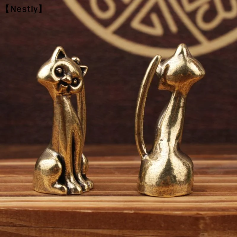 Antique Brass Cat Lovers Statue Ornament Copper Animal Sculpture Incense Burner Home Desktop Decora Figurines Miniature〔Nest〕
