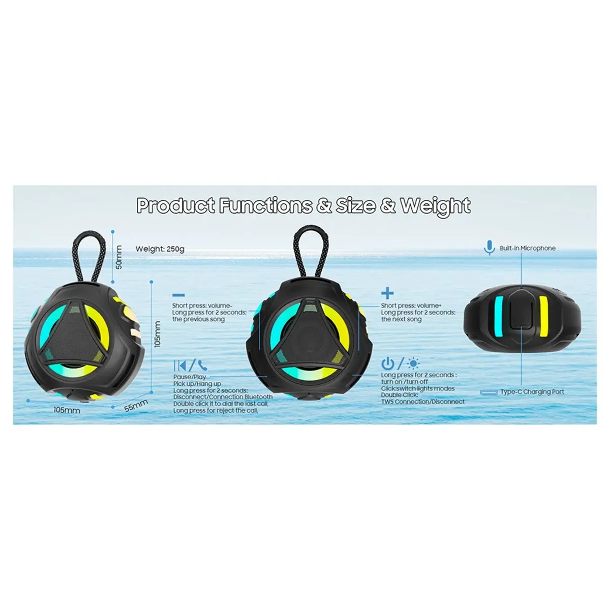 

Мини-колонка BABQ Bluetooth для душа с подсветкой, водонепроницаемая (IPX7), портативная беспроводная колонка для активного отдыха, идея для подарка