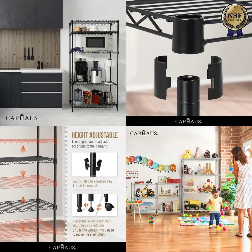 

5-уровневый регулируемый стеллаж с проволочными полками и вкладышами, органайзер для хранения в подвале и гараже, металлические стальные полки на колесах, черный цвет