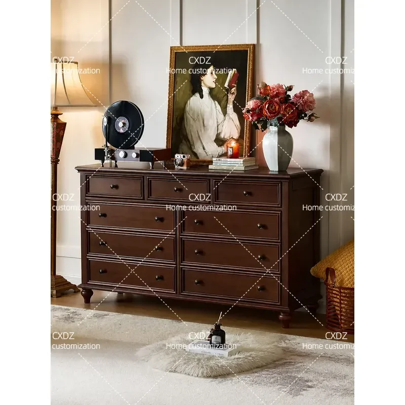 Retro Solid Wood 9 Drawer Chest Cabinet Bedroom Nightstand Storage Unit Living Room Vertical Dresser Against Wall Organizer