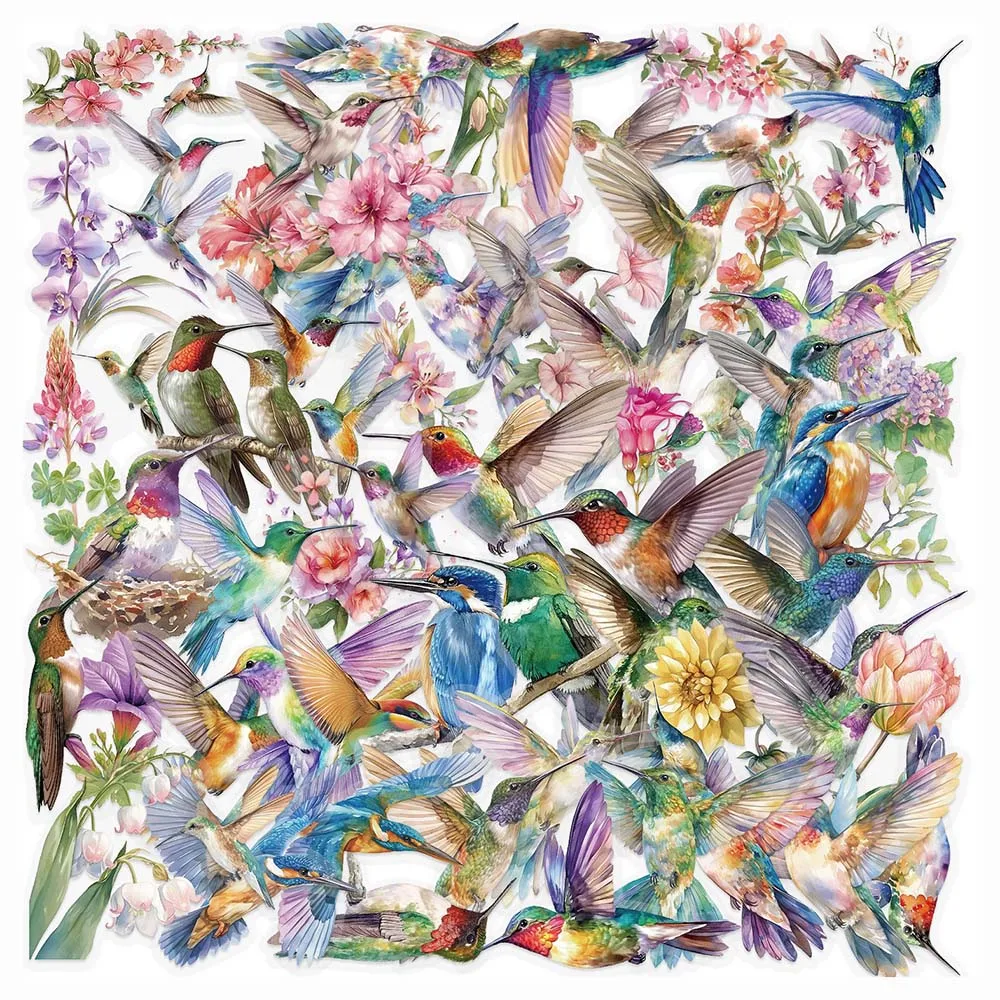 50pcs Flowers Birds Pet Stickers Hummingbird Sticker Pack Pet Transparent Waterproof Decorative Decals For Guitar Notebook