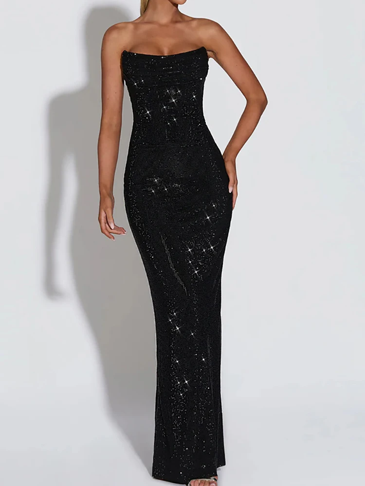 

Женское элегантное макси-платье с пэчворком и открытой спиной, без бретелек, без рукавов, на шнуровке, сексуальное, с пайетками, для вечеринок, уличная мода, Vestidos