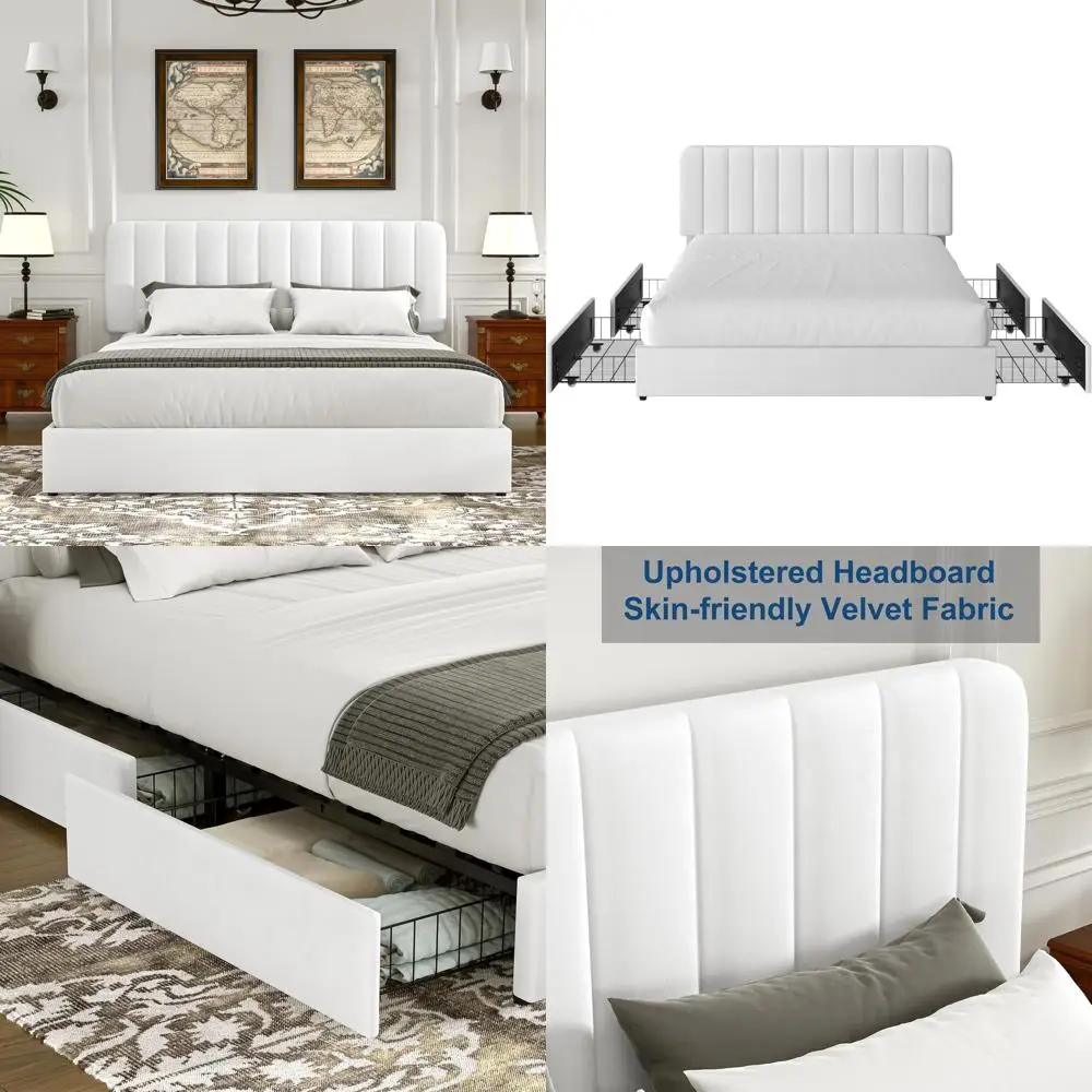 

Мягкая кровать-платформа с обивкой из вельвета и местом для хранения, деревянная решетка, не требует пружинного блока, белая