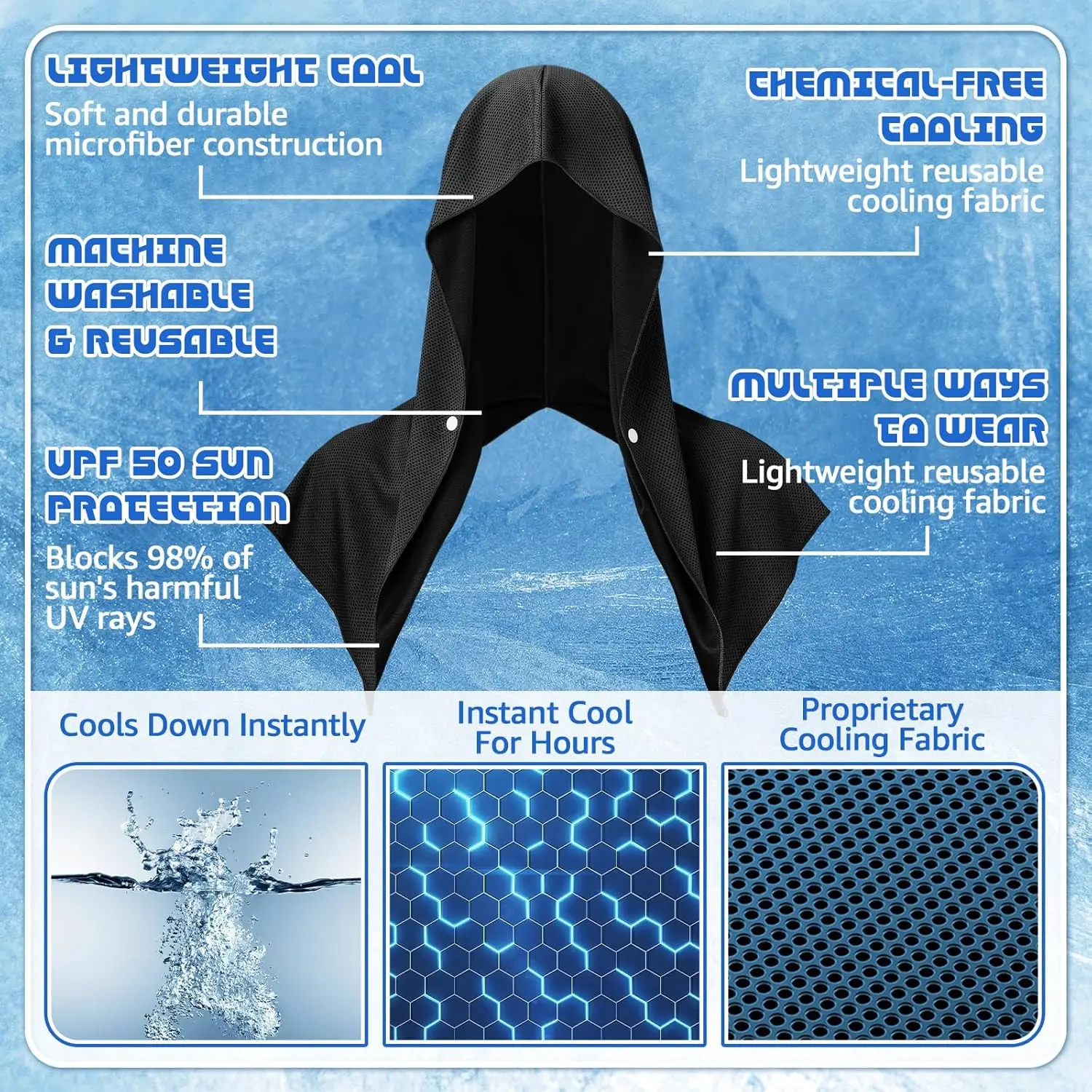 مناشف بقلنسوة للتبريد للرجال، مناشف تبريد للرقبة والوجه، لفافة رأس تبريد للتمرين الرياضي والتخييم (رمادي) منشفة رائعة