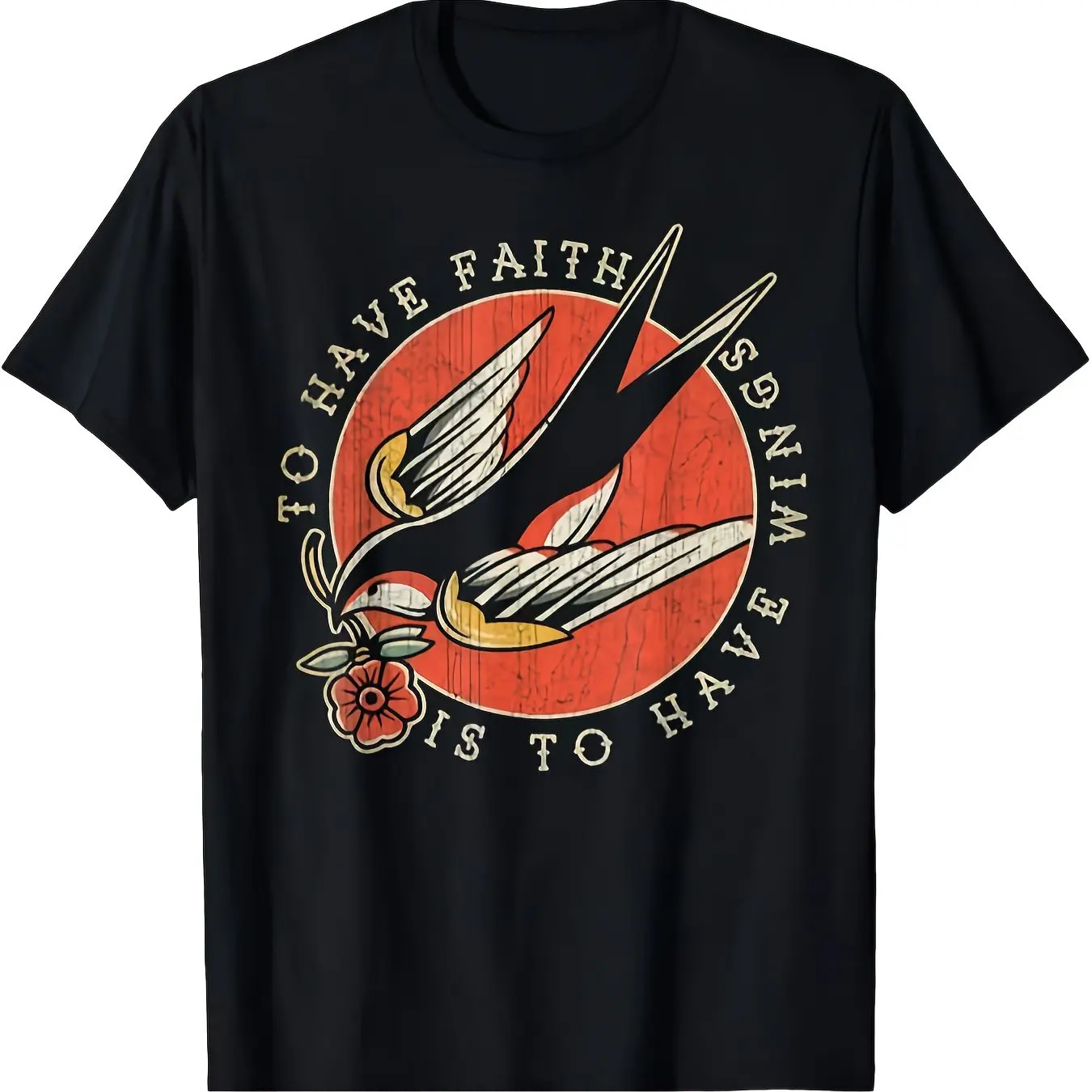 Men'S Retro Swallow Tattoo Graphic Tee Believing Is Like Having Wings Featuring Vintage Bird and Wing Design Shiny Short Sleeve