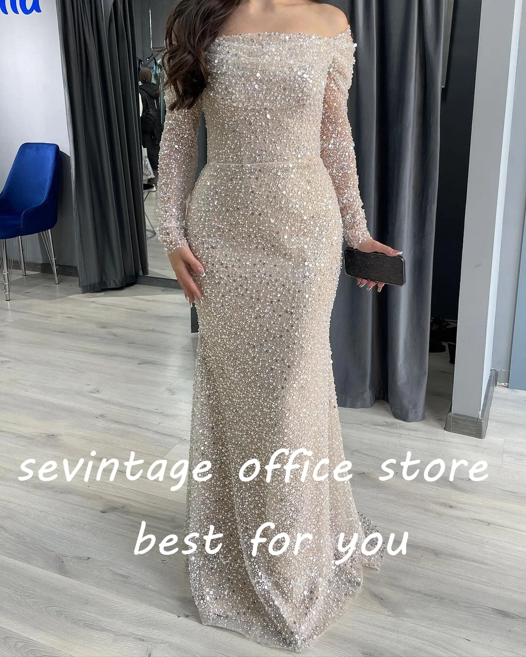 Sevintage-Vestidos de Fiesta de sirena con cuentas de champán brillantes, perlas de lentejuelas, hombros descubiertos, vestidos de noche árabes saudíes, vestido Formal