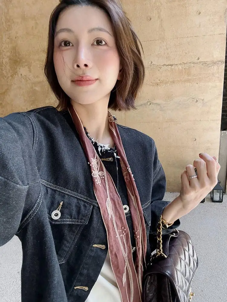

MGDM Handmade Floing round Ne ort Loose Slimming Denim Jaet Women's Autumn Sle Casual Comfortable Cotton Blend