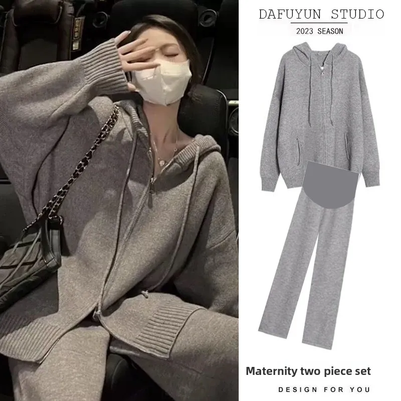 spring-autumn-knitted-pregnant-women's-outfit-hat-included-two-piece-set-faionable-wide-leg-pants-chic-korean-sle-materni