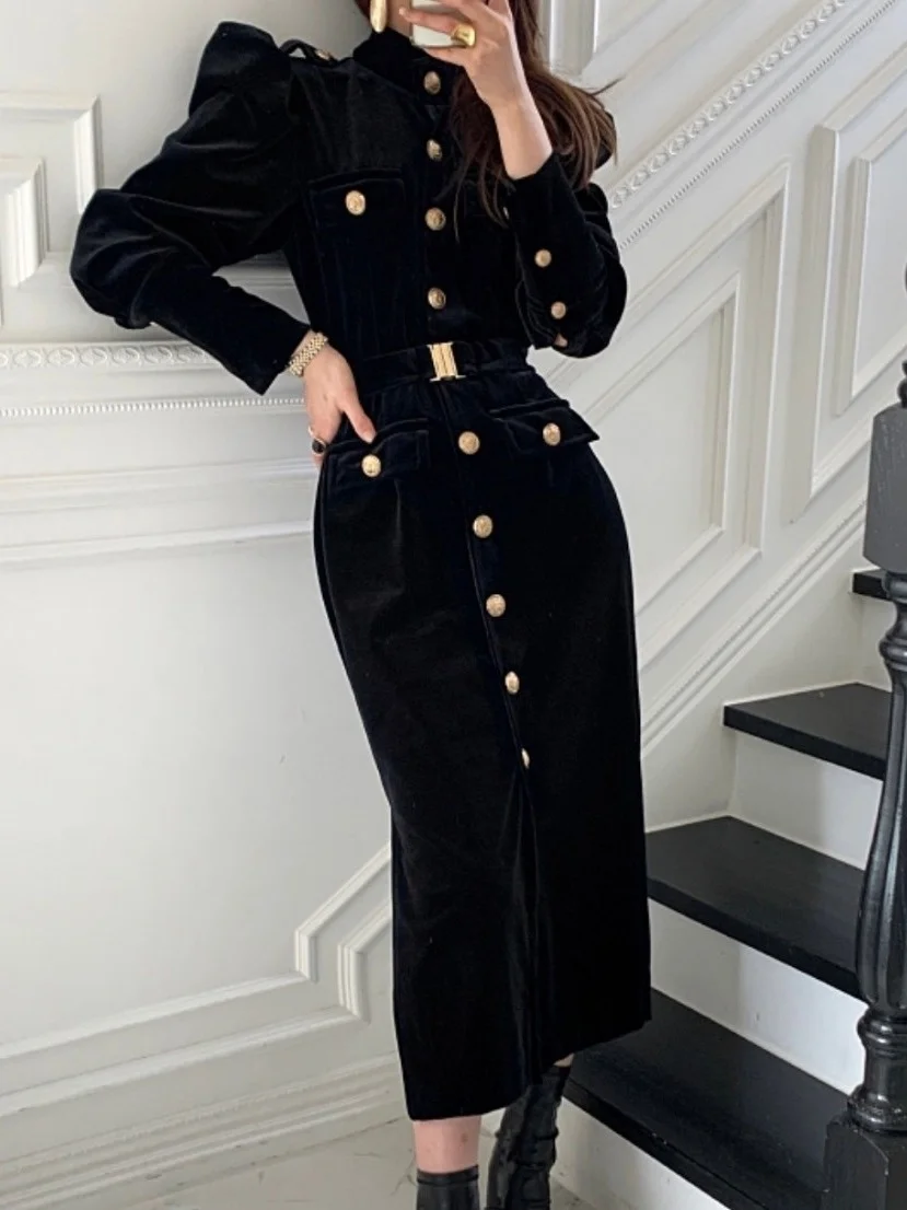 Elegant Velvet Long Dress Women's Fitted A-Line Skirt Single Button Stand Collar Slimming Workwear Style Korean Fashion - view 3