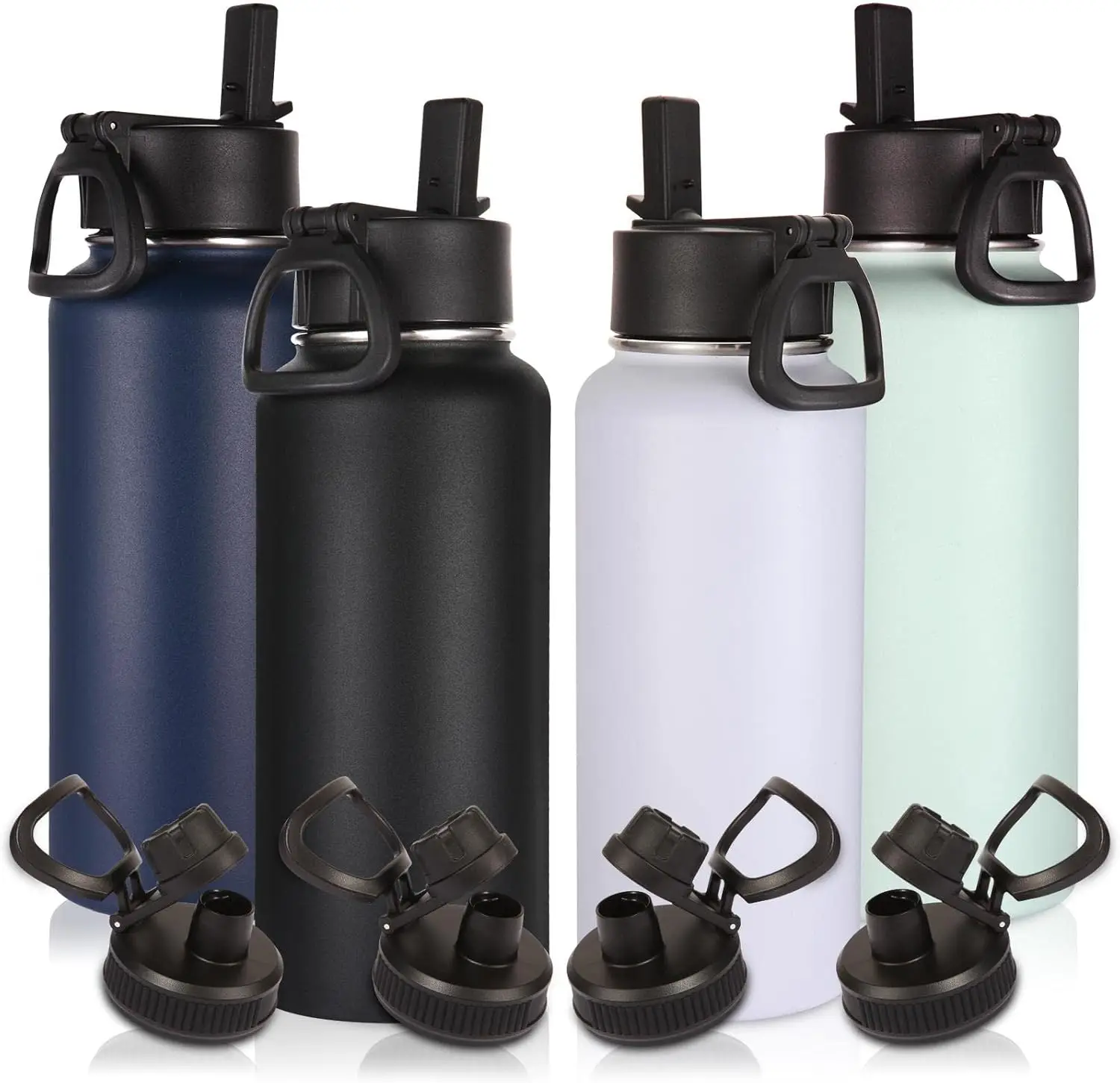 Botellas de agua de acero inoxidable aisladas de 32 oz, paquete de 4 con tapas de pajita y boquilla, tazas de vacío de doble pared a prueba de fugas para senderismo, cámara