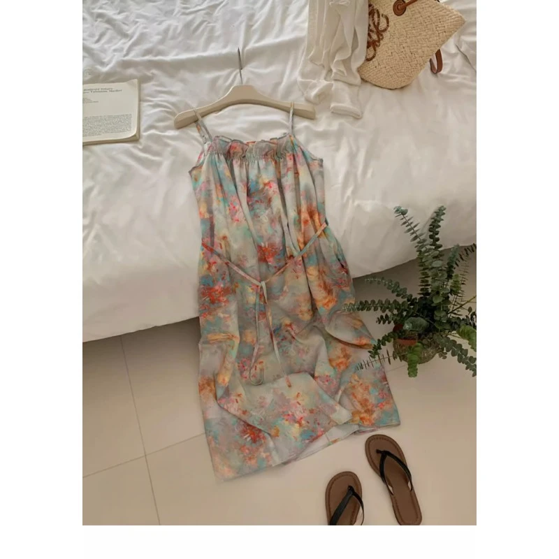 Vestido camisola Retro sin mangas con hombros descubiertos para mujer, vestidos largos holgados con estampado dulce, ropa femenina