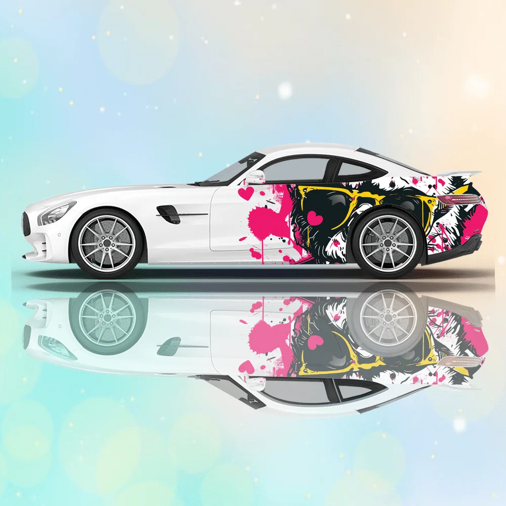 

2Pcs Pinkish Bear Skull Splash Car Sticker Full Body Decoration Covering Scratches Protect Car Sticker Waterproof Car Vinyl Wrap