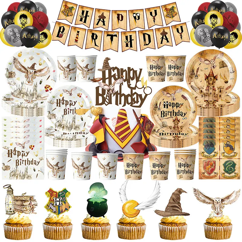 Décoration de fête d'anniversaire sur le thème de l'Académie Magique : Vaisselle, Assiettes, Nappe, Ensemble de Ballons, Bannière, Sacs Cadeaux, Ballons à Souffler, Fournitures de Fête pour Enfants