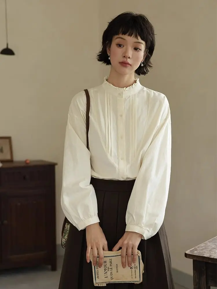 

2025 кружевная рубашка с воротником-стойкой и длинными рукавами для женщин, осенний свободный топ, дизайнерская рубашка Sense, топ