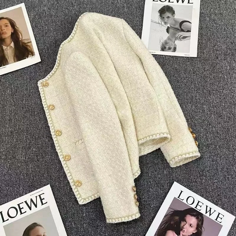 

Tweed Jacket Cream Womens Fall Zippers Decorative Varsity Baseball Streetwears Splicing Athletic Preppy Class Collegiate Sports