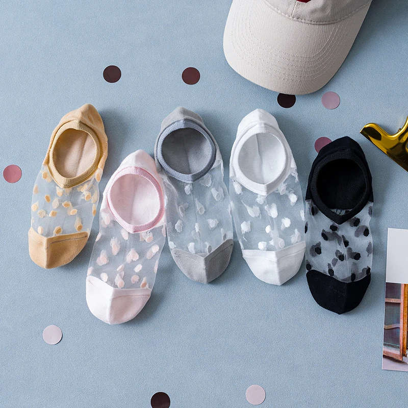 5 Pair Classic Women Invisible Socks Thin Crystal Glass Silk No Show Sock Dots Knit Low Transparent Breathable Soft Summer Socks