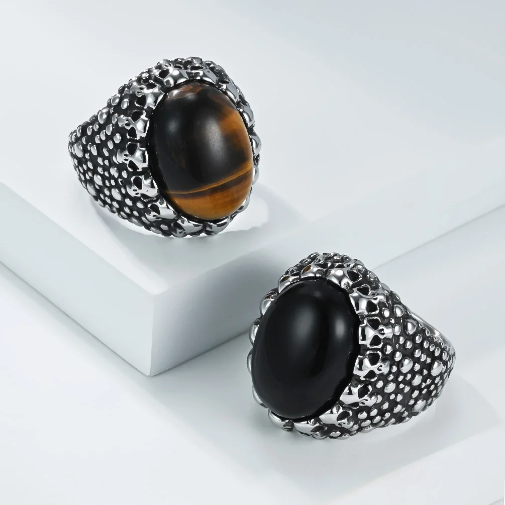 

Unisex Gothic Skull Ring, Tiger Eye & Titanium Steel Punk Jewelry, Matching Couples Gift, Alternative Love Anniversary