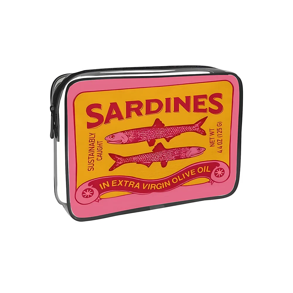 Funny PVC Canned Sardines Makeup Bag Portable Waterproof Pencil Case Pouch Zipper Closure Toiletry Bag for Women