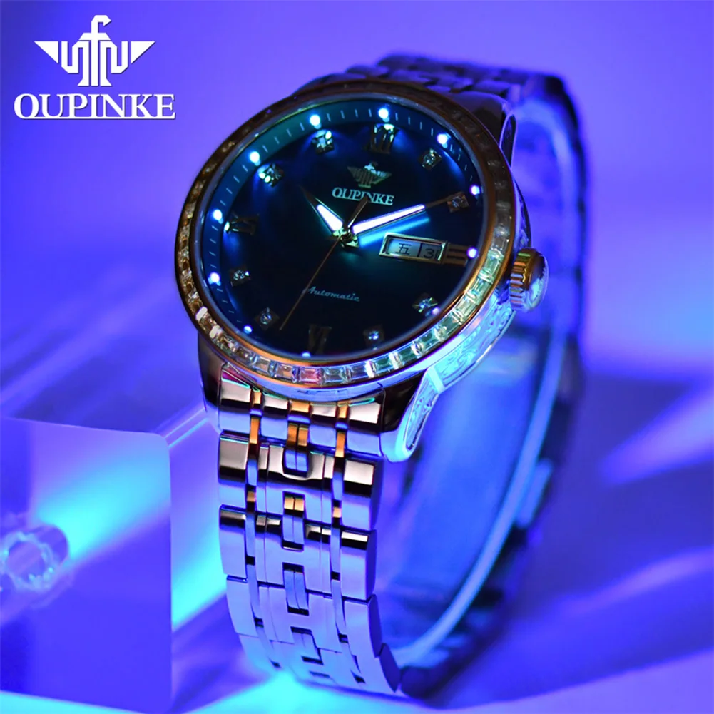 OUPINKE 3258 Man Watch Diamond Inlaid Dual Calendar Simple Luxury Automatic Mechanical Men's Watches Waterproof Business Watches