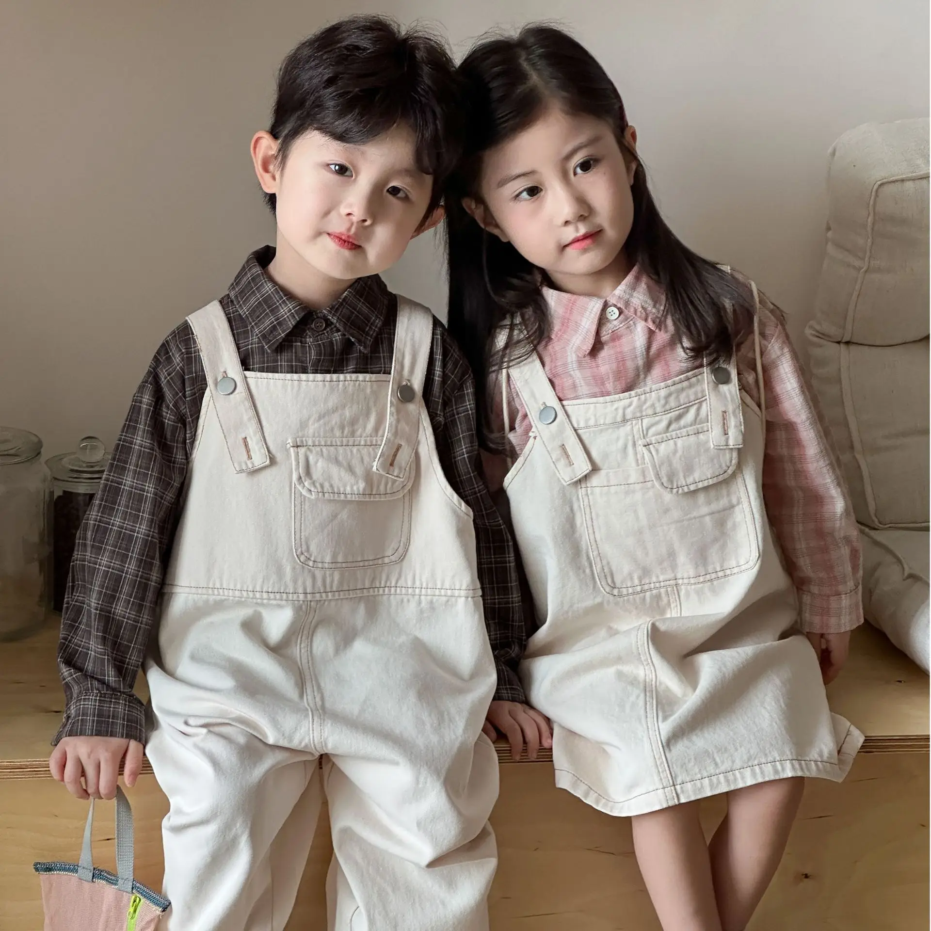 

2025 Autumn New Children Overalls Cotton Boys Casual Trousers Baby Girls Solid Loose Strap Dress Kids Brother Sister Clothing